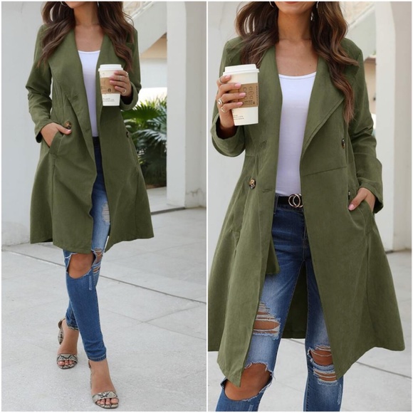 Dusty Pink Wide Collar Button Pea Coat Trench - Picture 2 of 11